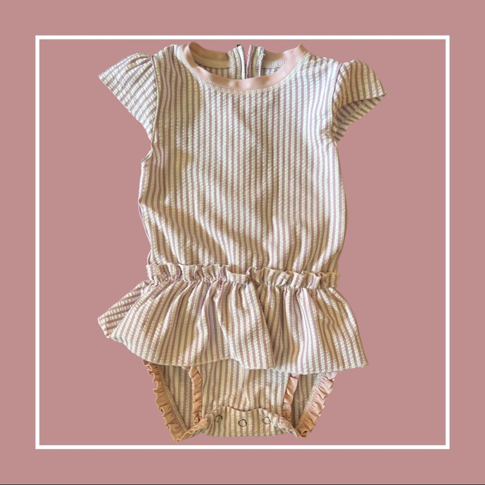 Ruffle Butts Purple & White Striped Polka Dot Swimsuit—18/24m